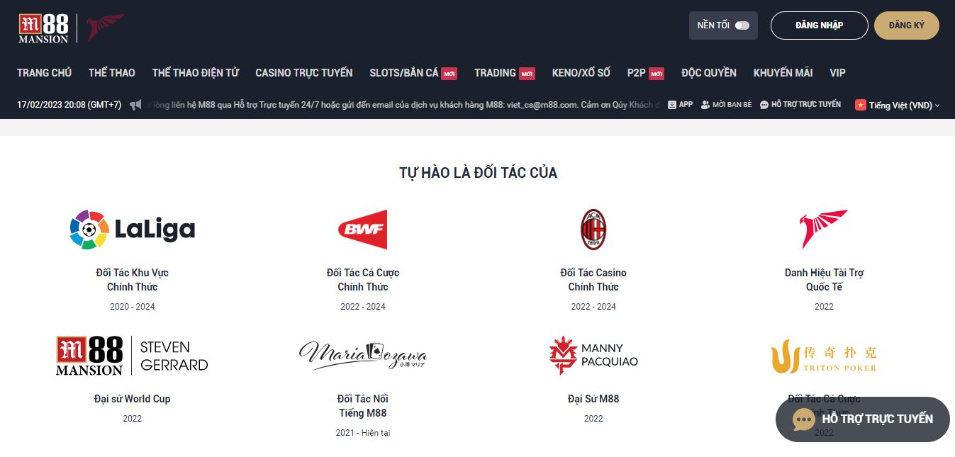 Các đối tác nhận được tài trợ từ nhà cái M88